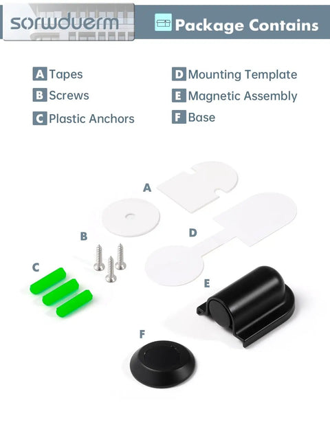 Package contents for Matte Black Magnetic Door Stopper Holds Interior Doors Firmly Open including screws, tapes, magnets and anchors.