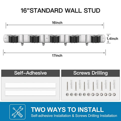 2 Pack Stainless Steel Wall Mount Broom Holder With 5 Racks And 4 Hooks Heavy Duty Self Adhesive Broom Organizer showing installation options.