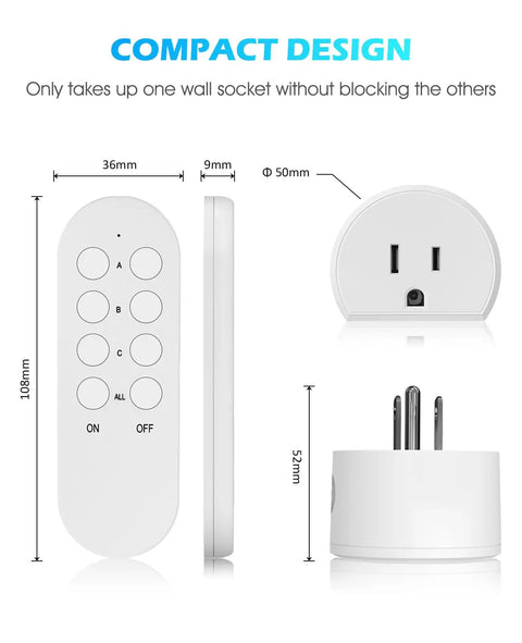 Wireless Remote Control Outlet for Christmas Lights with dimensions, showing compact design and remote control features.