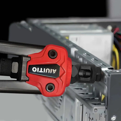 Close-up of Rivet Nut Tool Kit With Step Drill Bit and 90 Rivnuts, 13-Inch Heavy Duty Hand Riveter Set in metal application