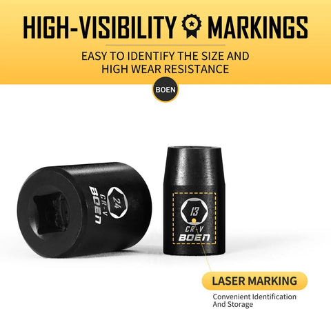 Half Inch Drive Shallow Impact Socket Set, 17 Piece Metric Range 8mm To 24mm, 6 Point Design, CR V Steel showing high-visibility markings