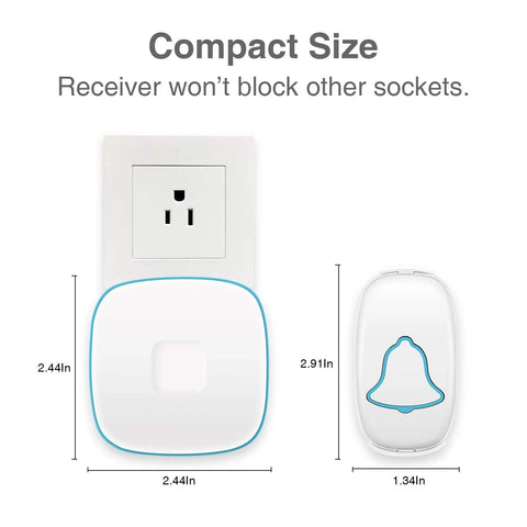Compact size waterproof wireless doorbell receiver and push button with dimensions shown, compatible with multiple sockets.