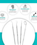 Pro Grade Plaque Remover Teeth Cleaning Tools 4 Piece Stainless Steel Dental Care Kit with anti fog mouth mirror and ergonomic design