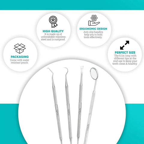 Pro Grade Plaque Remover Teeth Cleaning Tools 4 Piece Stainless Steel Dental Care Kit with anti fog mouth mirror and ergonomic design