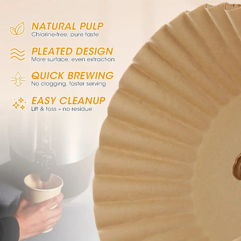Close-up of Extra Large Percolator Coffee Filters, 100 Count, Pre-Punched Holes For Even Brew And Faster Extraction with design highlights.