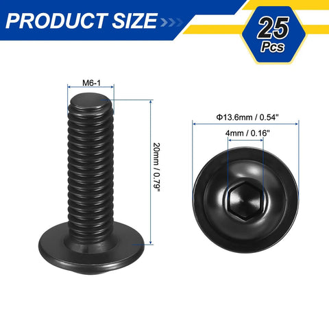 Flanged Button Head Socket Cap Screws Set M6 1x20mm 304 Stainless Steel Black Oxide Finish Allen Drive Bolts size dimensions
