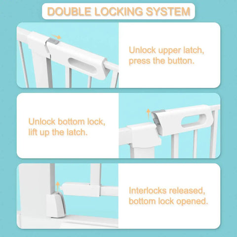 Double locking system of Adjustable Walk Through Baby Gate With Cat Door And Small Pet Door, Tension Mounted No Drill