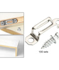 Kickass Hidden Furniture Connector Screws And Steel Cabinet Joinery Hardware Kit Featuring One Hundred Heavy Duty Invisible Assembly Clamps For Easy Office Closet And Shop Buildouts. Image of steel connector and screw.