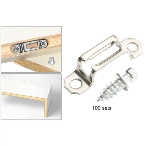 Kickass Hidden Furniture Connector Screws And Steel Cabinet Joinery Hardware Kit Featuring One Hundred Heavy Duty Invisible Assembly Clamps For Easy Office Closet And Shop Buildouts. Image of steel connector and screw.