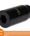 Close-up of a 19mm harmonic balancer socket tool made of heavy-duty steel with black coating for Honda engine maintenance.