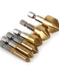 Set of 6 countersink drill bits, 6–19 mm HSS, 1/4" hex shank, brass-colored chamfer bits, Amazon