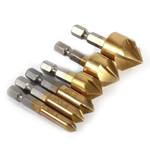 Set of 6 countersink drill bits, 6–19 mm HSS, 1/4" hex shank, brass-colored chamfer bits, Amazon