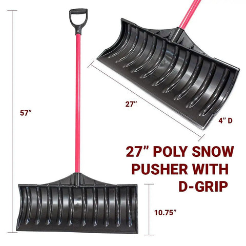 Poly Snow Pusher With Fiberglass Handle And D Grip Heavy Duty 27 Inch Scoop For Quick Snow Removal On Driveways Walkways And Decks 100 Percent Made In The USA Ideal For Residential And Professional Snow Clearing