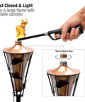 Close-up of outdoor metal patio torches set ideal for deck patio backyard outdoor parties and weddings includes fiberglass wick and snuffer cap 4 pack long lasting five hour flame with citronella oil not included.