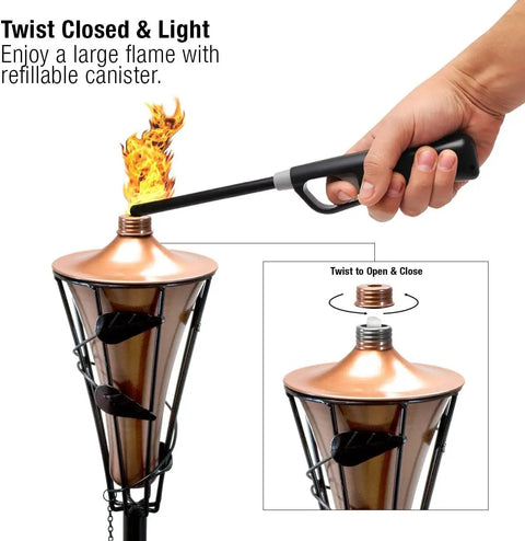 Close-up of outdoor metal patio torches set ideal for deck patio backyard outdoor parties and weddings includes fiberglass wick and snuffer cap 4 pack long lasting five hour flame with citronella oil not included.