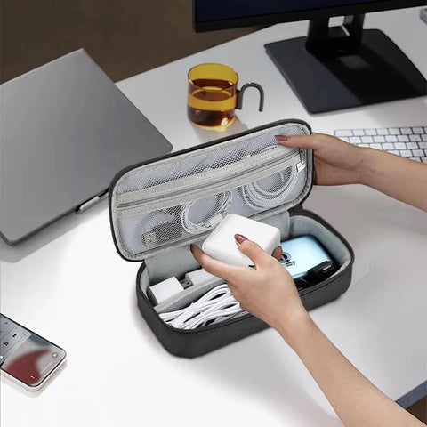 Waterproof Tech Organizer Pouch For Cables Chargers Earbuds And Phone Travel Ready All In One Carry Case With Removable Dividers Multi Compartment Design Compact Rugged Black For Backpack Or Luggage on desk with accessories