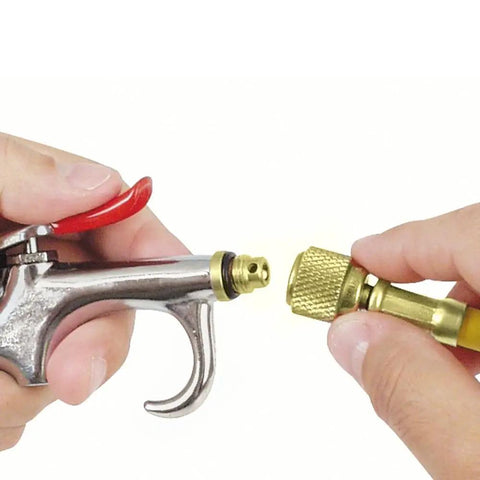 Close-up of connectors in Nitrogen Sludge Sucker And Blaster Kit With Metal Carrying Stand For 40 Cubic Feet Tank Pro HVACR Gear Featuring 400 PSI Regulator Protective Boots Copper Line Purge Tank Not Included.