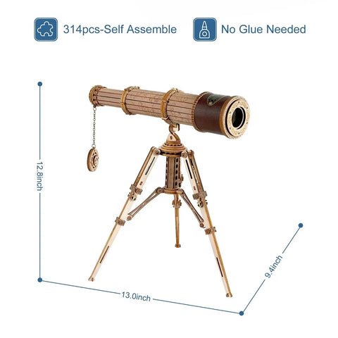 3D Wooden Puzzle Model Building Kit For Adults, DIY Wood Monocular Telescope Kit With Seaspray Pattern And Leather Nameplate, 12.8-inch