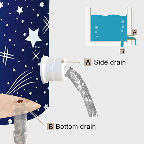 Close-up of side and bottom drain system on a Portable Foldable Bathtub For Adults With Cushion, Freestanding Collapsible Soaking Tub For Home Spa.
