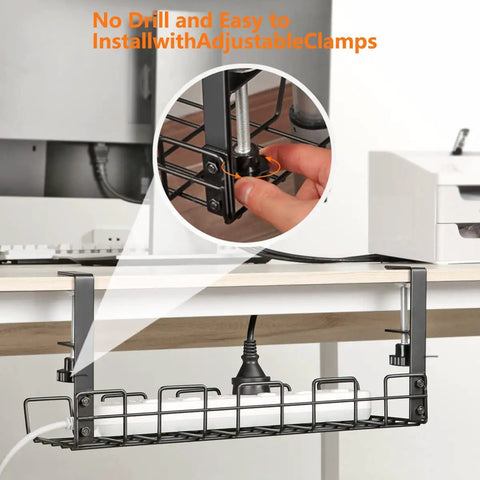 Under Desk Cable Management Tray Organizer No Drill Installation, mounted under desk with cables, black finish close-up view