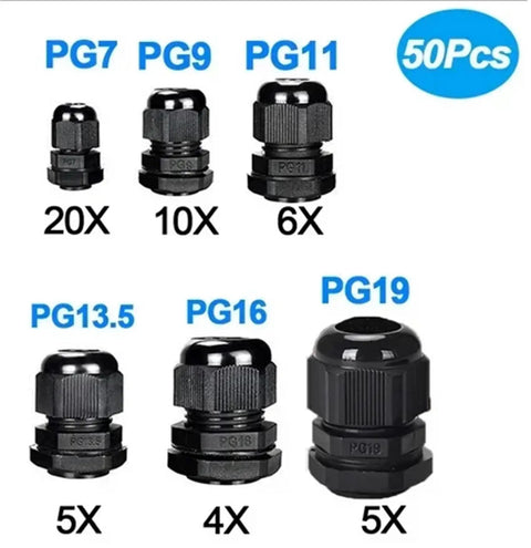 All Weather Waterproof Nylon Cable Gland Kit 50Pcs with Lock Nuts and Joints displaying various PG sizes for 3-16mm cables.