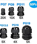 DIY Friendly Waterproof Nylon Cable Gland Kit 50-Piece Set arranged with sizes PG7 PG9 PG11 PG13.5 PG16 PG19
