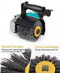 Heavy Duty Pro Grade Abrasive Wire Drawing Wheel Drum Burnishing Polishing Brush For Woodworking Furniture And Floor Refinishing 120x100mm 180 Grit 1 Pack Ideal For DIY Pros, shown with close-up of gray bristles and yellow lock design.