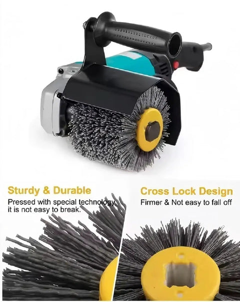 Heavy Duty Pro Grade Abrasive Wire Drawing Wheel Drum Burnishing Polishing Brush For Woodworking Furniture And Floor Refinishing 120x100mm 180 Grit 1 Pack Ideal For DIY Pros, shown with close-up of gray bristles and yellow lock design.