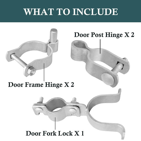 Heavy Duty Gate Hardware Kit For 1-3/8 And 2-3/8 Inch Pipe showing door frame hinges, door post hinges, and a door fork lock