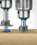 Badass Hex Shank Forstner Drill Bit Set With Carbide Tips And Adjustable Depth Ring cutting through wood.