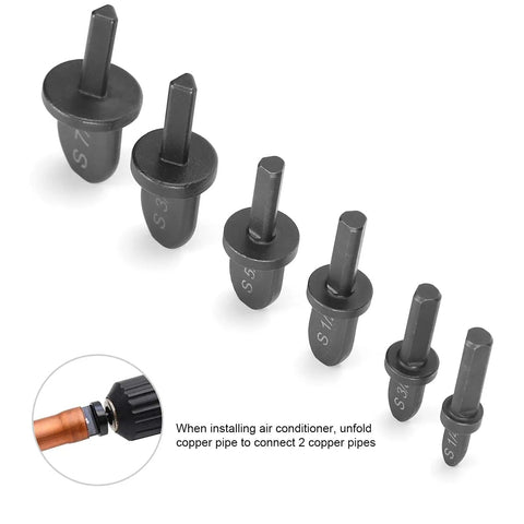 Heavy Duty 6-Piece Pipe Expander Set For Air Con Swaging, various sizes of steel swage dies for copper pipe installation.