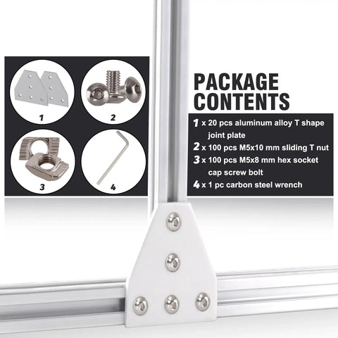 20Pcs 2020 Corner Bracket Joint Plate T Shape 5 Hole Aluminum Extrusion Connector Kit With 100Pcs T Nuts 100Pcs Screws And Wrench