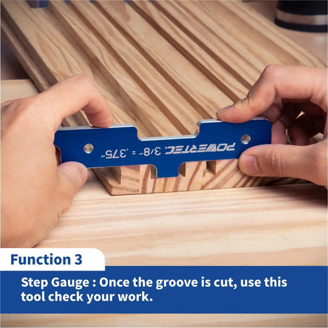 Hand using 3/8 setup gauge from 7-Piece Router Setup Blocks Set With Depth Gauge, Aluminum Setup Bars, Spacer Blocks And Height Gauge