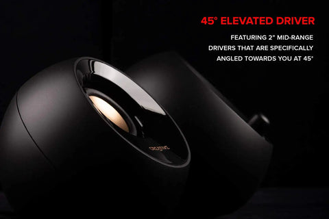Close-up of 2 Point 1 USB Powered Desktop Speakers With Dope 4 Inch Down Firing Subwoofer And 2 Inch Far Field Midrange Drivers at 45°