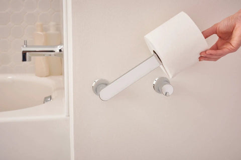 Genta LX Modern Wall Mount Pivoting Toilet Paper Holder in Chrome for Bathroom with easy roll change feature.