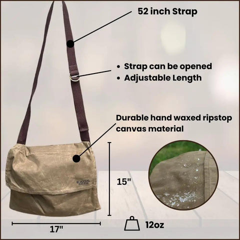 Waxed Canvas Haversack Outdoor Bushcraft Shoulder Bag And Messenger Satchel Water Resistant Built To Last Utility Pack For Gardening And Foraging Large 17 By 15 Inches Dark Khaki with 52 inch strap