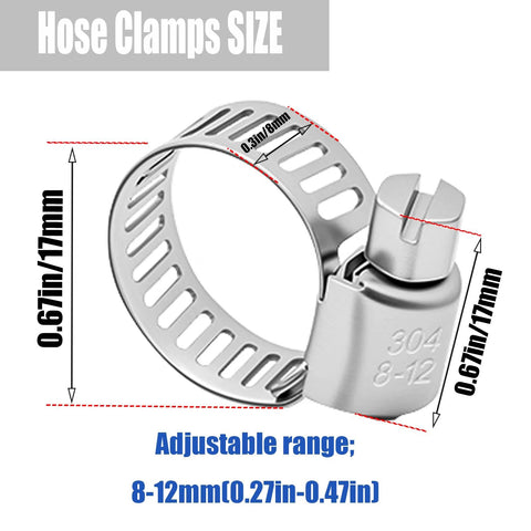 304 stainless steel automotive hose clamp, adjustable 8–12 mm (0.31–0.47 in), worm-gear design