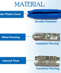 Diagram showing materials of Blue Gel Filled Wire Splice Connectors 100Pcs Pack: plastic cover, metal housing, internal tines.