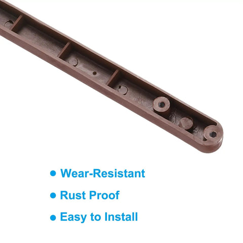Top Shelf 12 Inch Side Mounted Plastic Drawer Slides With Mounting Screws Smooth Glide Cabinet Guide Rails Brown 8 Piece Kit close-up of brown guide rail with screw holes