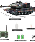 2.4GHz RC Tank With Auto Demo Sound Lights And Smoke, 13-Channel Army Battle Vehicle shown with accessories and measurements