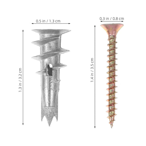 Heavy Duty Hollow Wall Anchor Kit with Spiral Design Screws, zinc alloy, iron, dimensions labeled for drywall use