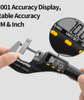 Hands using Pro Grade Digital Micrometer Measuring Tool For Precision Inch And Metric Thickness With 0.00005 In 0.001 Mm Accuracy.