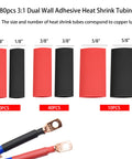 80 pcs heat shrink tubing in red and black, part of All In One Cable Lug Crimping Tool Kit With 50 100 200 Pcs Copper Wire Lugs For AWG 10 To 1/0