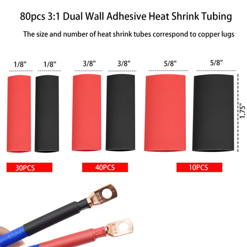 80 pcs heat shrink tubing in red and black, part of All In One Cable Lug Crimping Tool Kit With 50 100 200 Pcs Copper Wire Lugs For AWG 10 To 1/0