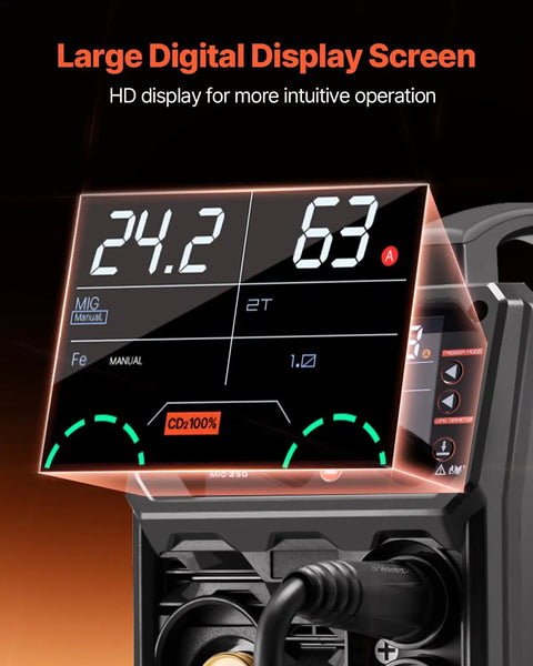 LCD display of Workhorse 250A 5 In One MIG Welder With Pulse Arc Gasless MIG Flux Core MMA And Lift TIG showing settings