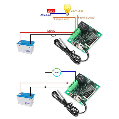 Wiring diagram for Digital Temperature Controller Module W1209 12V DC With 10A Relay And Waterproof Case Ultra Accurate -50 To 110 Celsius Thermostat