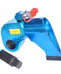 Heavy Duty Aluminum Alloy Hydraulic Drive Torque Wrench One Inch Square 70 Mpa Rated To 4364 Newton Meters showing blue metallic finish and connection details.