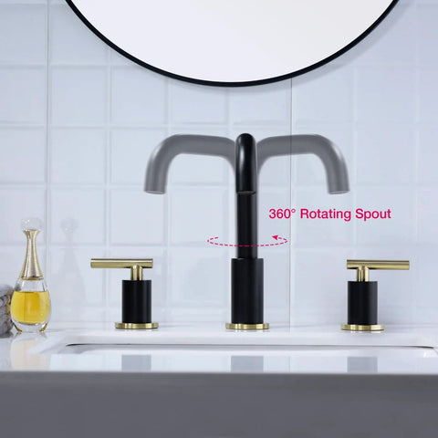 Matte Black And Brushed Gold 2-Handle 8-Inch Widespread Bathroom Faucet With Overflow Drain, Solid Brass Vanity Sink Mixer, 360-Degree Swivel Spout