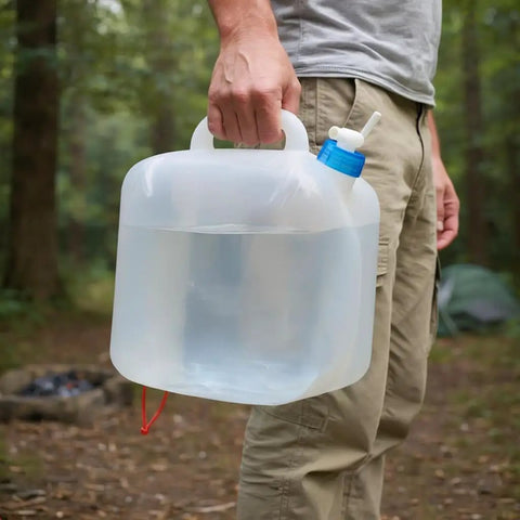 Person holding Foldable 10L Water Containers 2 Pack With Spigot And Pouch For Camping, Hiking And Emergency Prep BPA Free Durable Outdoor Water Jug