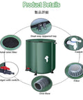 Product details of Heavy Duty Rain Barrel 1000L Storage Tank For Outdoor Use, featuring zippered top, faucet, and filter.